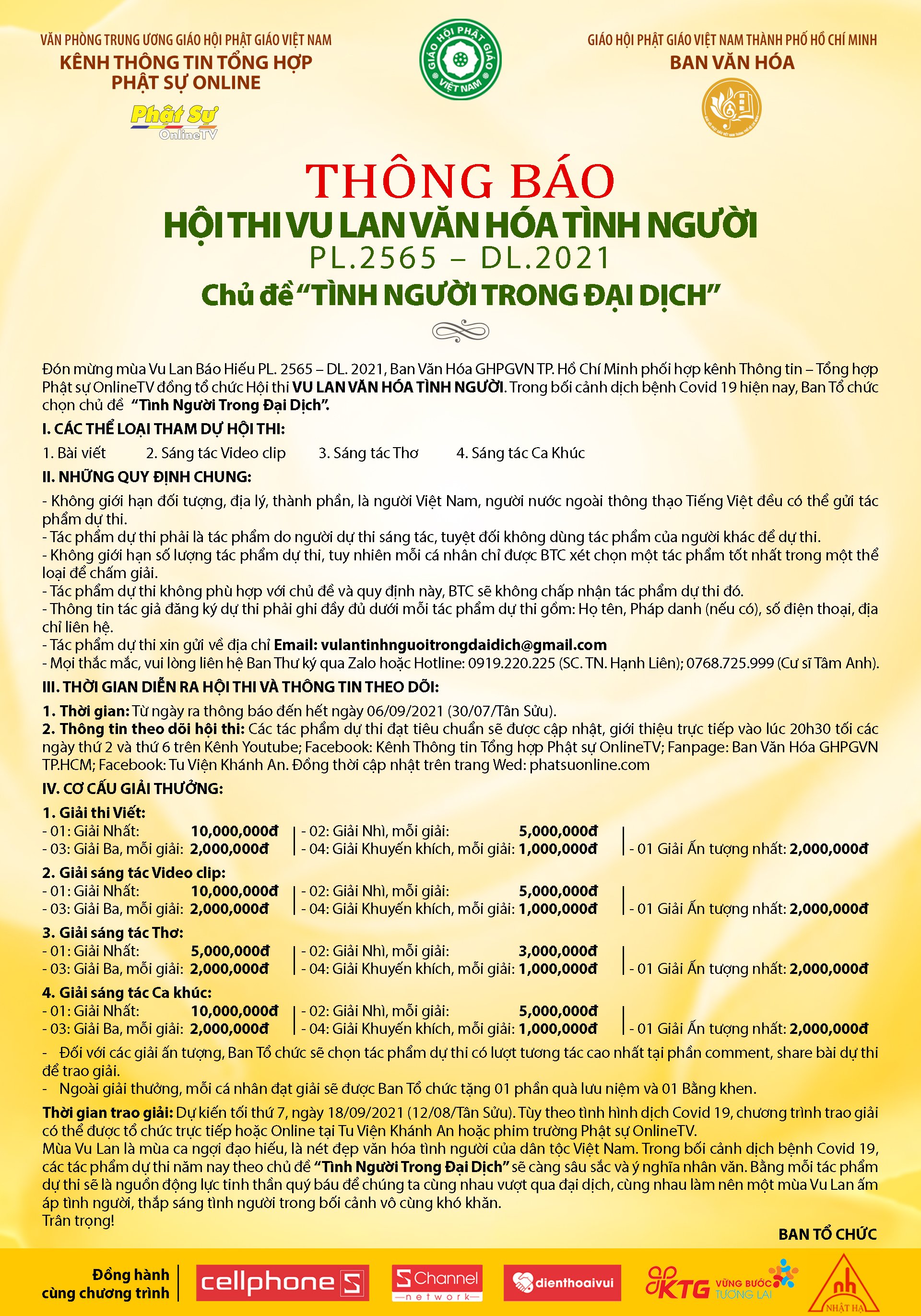 Thông Báo: Phát động Hội thi Vu Lan Văn Hoá Tình Người PL.2565 – DL.2021, chủ đề “Tình Người Trong Đại Dịch”